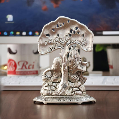 KridayKraft Metal Radha Krishna Idol with Under Tree Decorative Showpiece Statue for Puja Room Home Office Desk Gift Items Ornate Metal Sculpture of Hindu Deities, 18 cm Height Silver