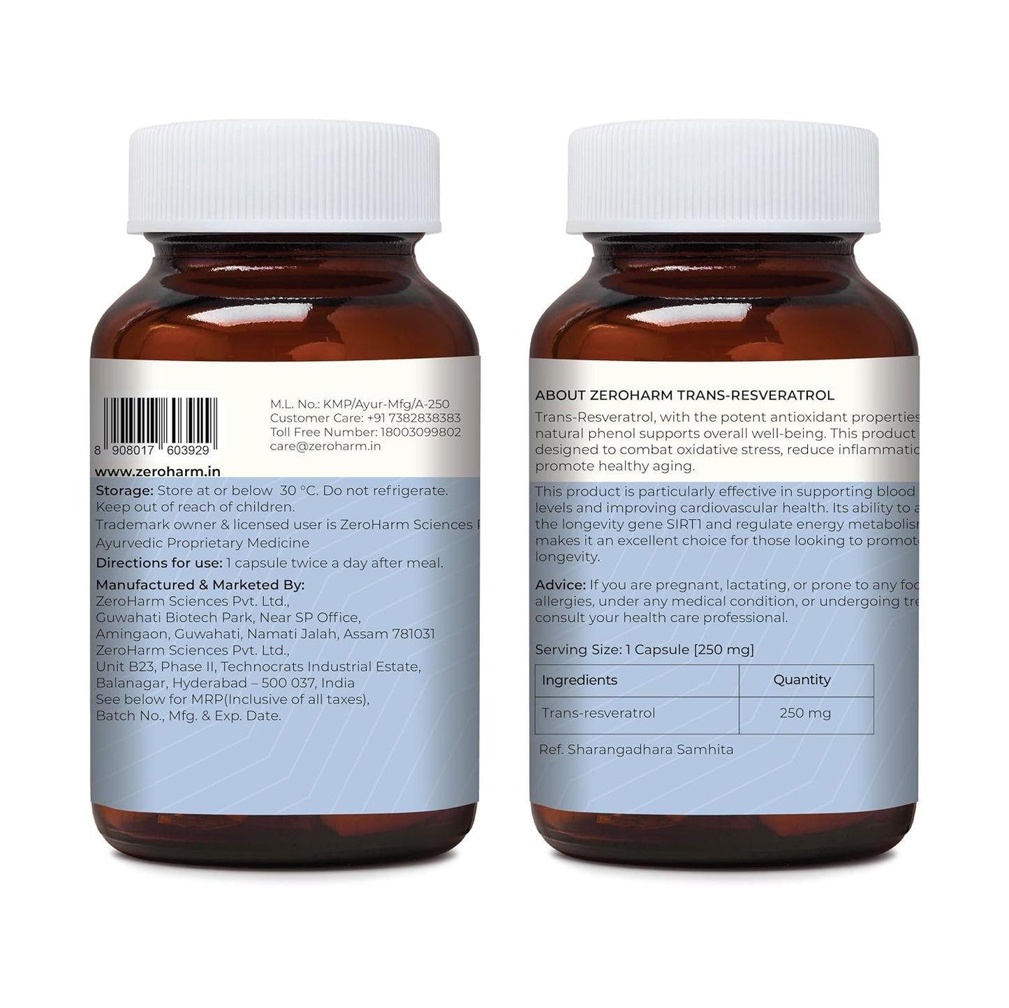 ZEROHARM Trans-Resveratrol Supplements | 250 mg Pure Resveratrol with Japanese Knotweed Extract - Support Immunity, Support Healthy Aging | Antioxidant Supplement For Men & Women | 60 Veg Capsules