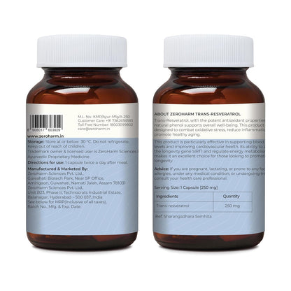 ZEROHARM Trans-Resveratrol Supplements | 250 mg Pure Resveratrol with Japanese Knotweed Extract - Support Immunity, Support Healthy Aging | Antioxidant Supplement For Men & Women | 60 Veg Capsules