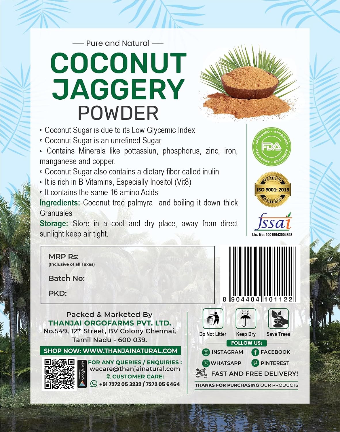 Thanjai Natural Coconut Jaggery Powder Unrefined | Organic - 100% Pure | No Preservatives | No Added Sugar | Traditional Village-Made | Healthy Sugar Alternative for Diabetes, Weight Loss