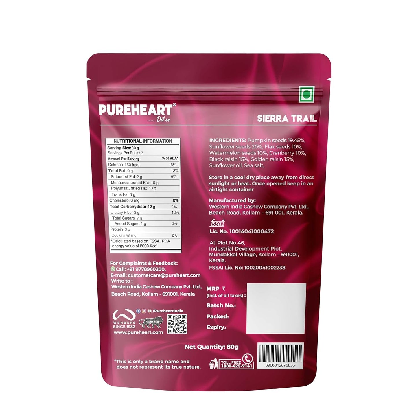 PUREHEART Nutrimix – Sierra Trail | Premium Seed & Berry Mix with Sunflower, Pumpkin, Cranberry, Raisins & Flax | High Fiber Superfood Snack for Energy & Digestion