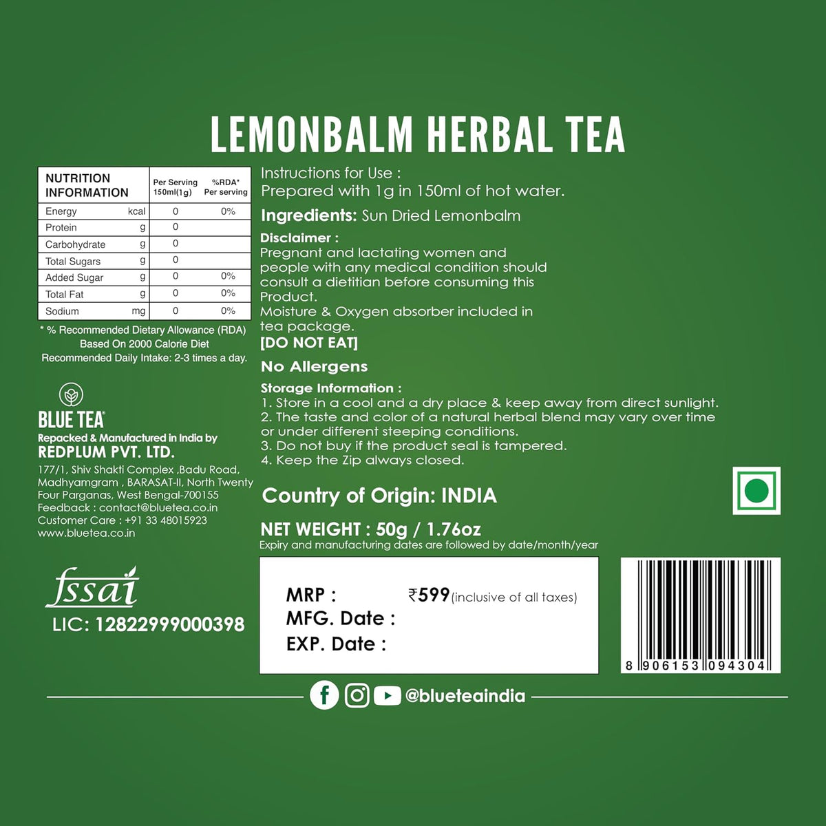 BLUE TEA - Lemon Balm Tea - 50gm - 50+ Cups | RELIEVES STRESS | REDUCES BLOATING | IMPROVES DIGESTION | Leaf Based - Caffeine Free - Relaxing | Reusable Pet Jar