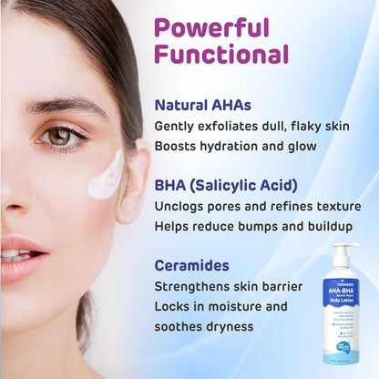 Woman applying cream to her face with product details on a blue background