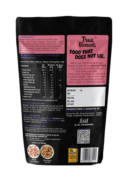 True Elements Dark Chocolate Muesli 1kg | Nuts & Berries Muesli | 13g Clean Protein | 13% Millet | Cereal for Breakfast | Gluten Free Breakfast