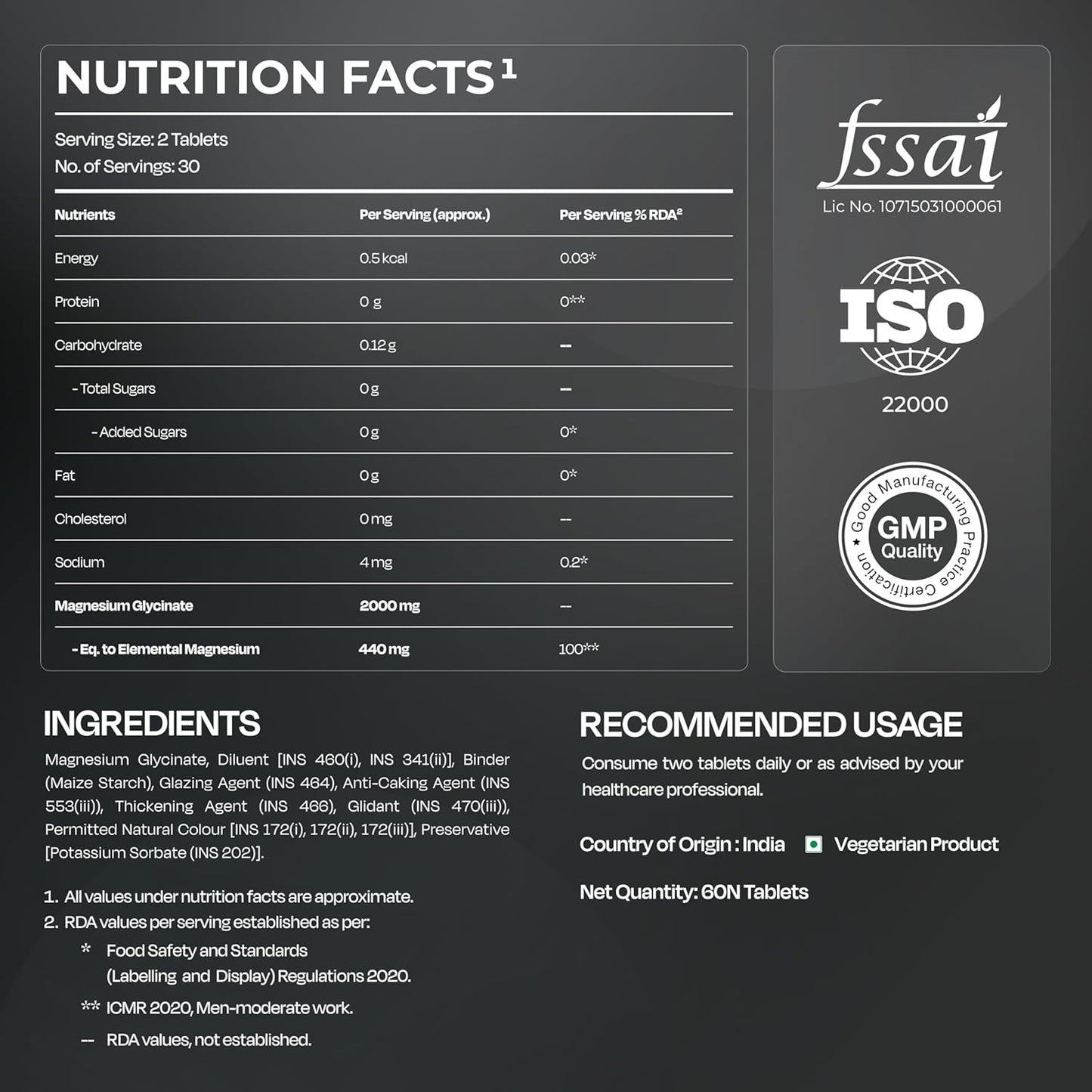 Nutrition facts label with FSSAI, ISO, and GMP Quality logos on a black background