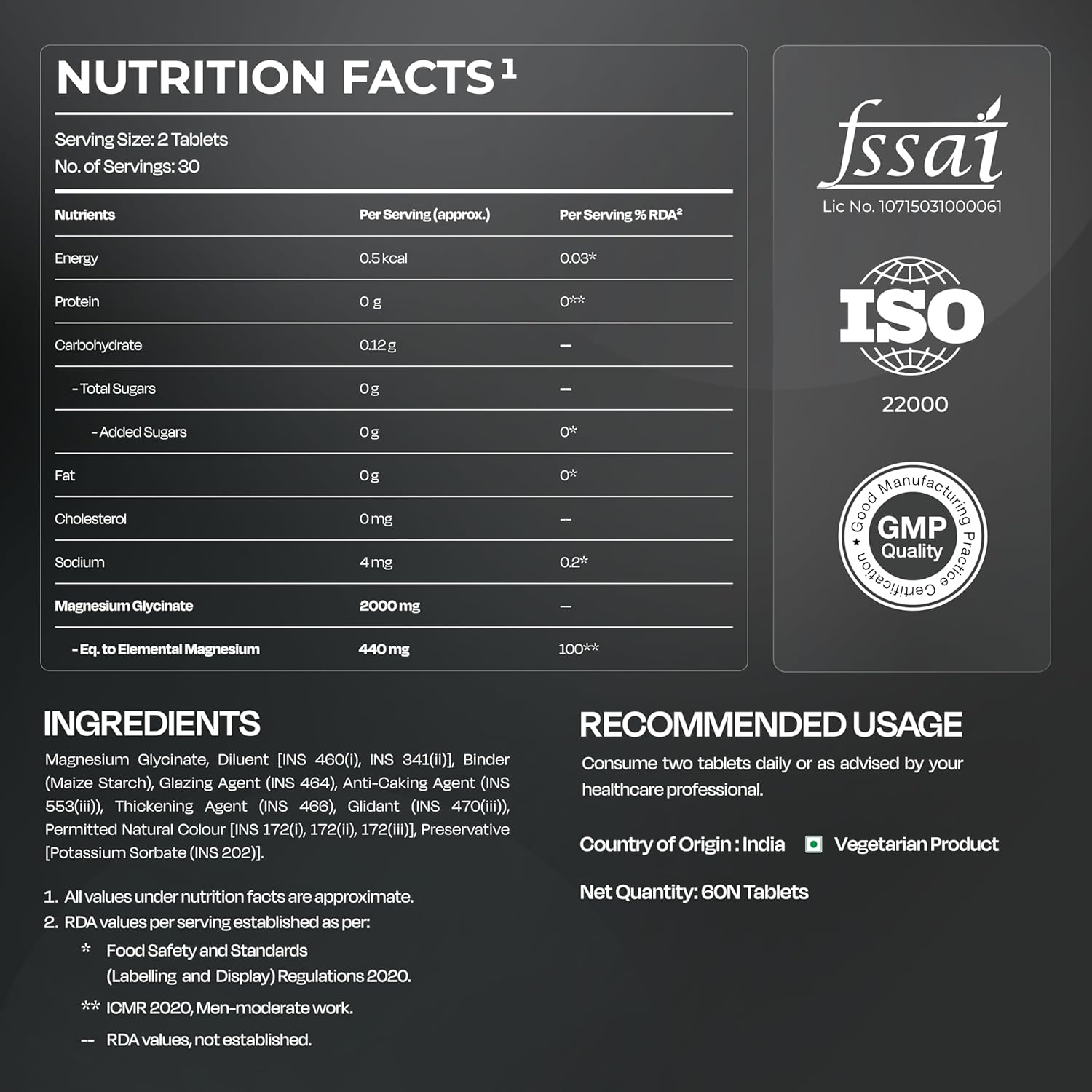 Nutrition facts label with FSSAI, ISO, and GMP Quality logos on a black background
