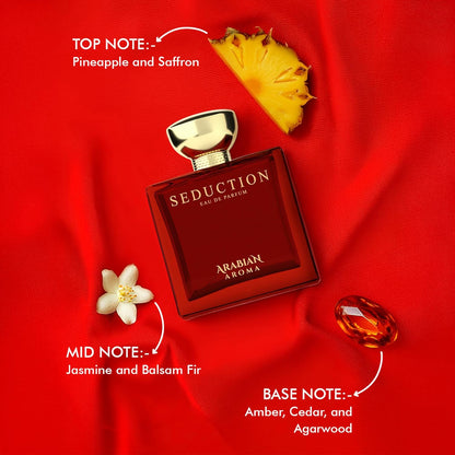 Perfume bottle labeled 'Seduction' by Arabian Aroma on a red fabric background with pineapple, flower, and amber.
