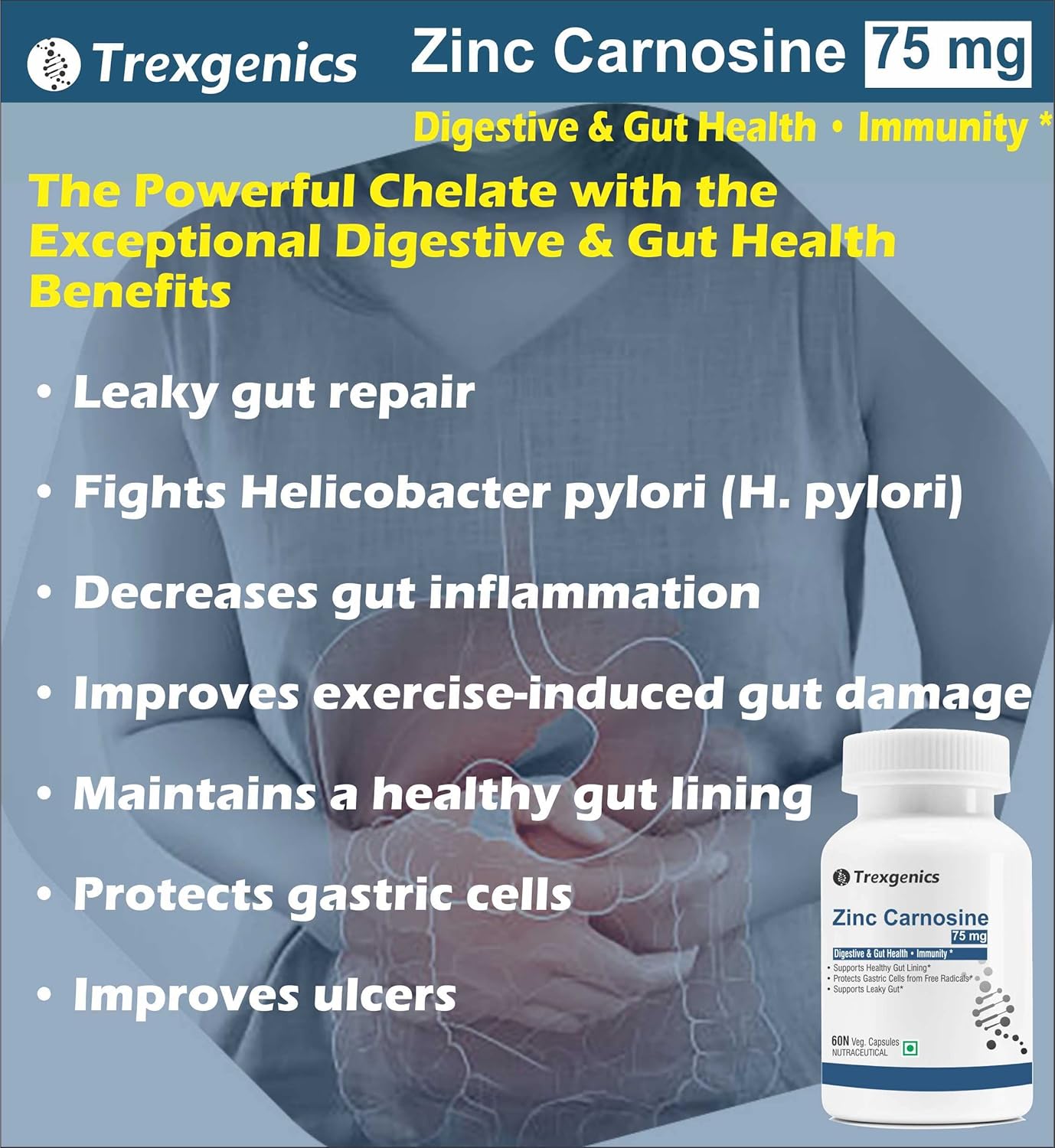 Trexgenics ZINC CARNOSINE Digestive & Gut Health, Ulcer Care, Immunity, Leaky Gut Support (60 Veg Capsules)