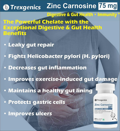 Trexgenics ZINC CARNOSINE Digestive & Gut Health, Ulcer Care, Immunity, Leaky Gut Support (60 Veg Capsules)