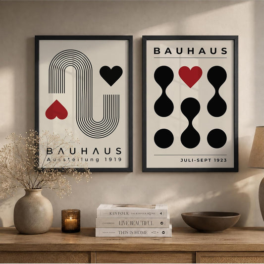 Bauhaus Wall Art Set of 2 Framed Paintings | Geometric Abstract Modern Art Poster Black Red | Living Room Office Contemporary Home Décor (Art 14, 10x13 Inches)