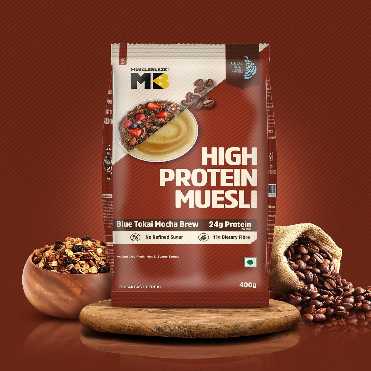 MuscleBlaze High Protein Muesli, Blue Tokai Mocha Brew| 24g Protein | With Raisins, Almonds & Super Seeds, High Protein Breakfast Cereals
