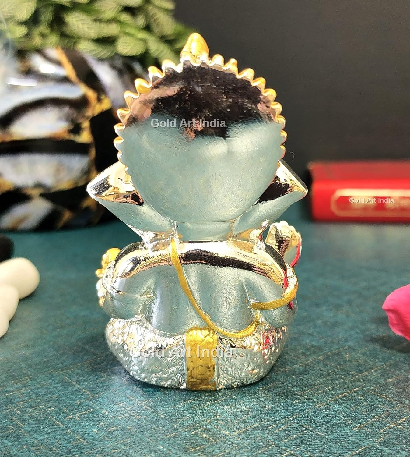 Gold Art India 999 Silver Plated Ganesha Idol for car Dashboard, Office & Home Shelves, Diwali Puja, and Gifting (3.5" x2 inches), Idol