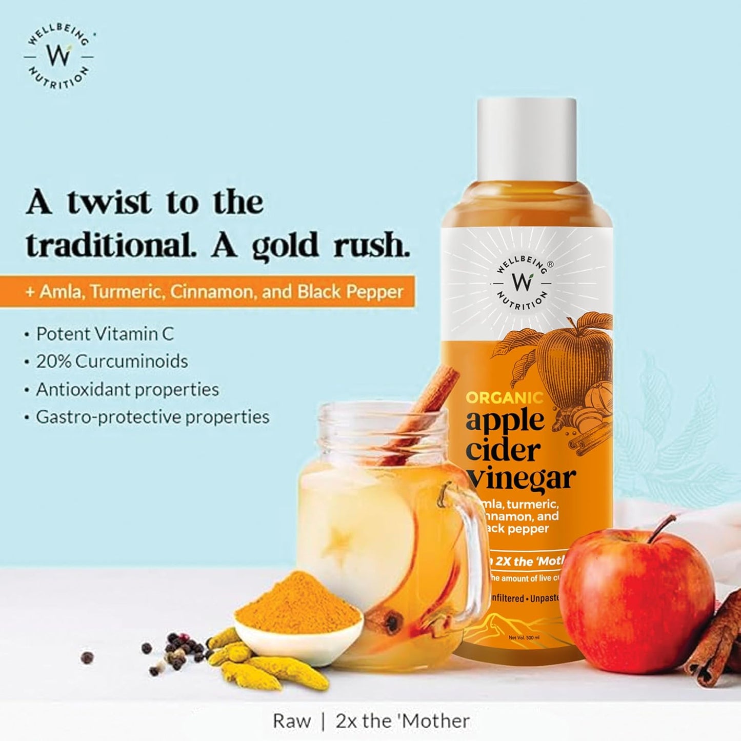 Wellbeing Nutrition Apple Cider Vinegar with Turmeric, Amla, Cinnamon and Black Pepper | Raw Unfiltered with 2X The Mother | Supports Weight Management, Boost Immunity & Detox, Skin Health | 500ml