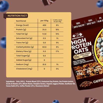 GrowFitz 25g High Protein Oats 800 Gram | Caffee Mocha Flavor Breakfast Oatmeal | 12g High Fiber, Almonds, Raisin, Pumpkin, Chia Seeds, Super Rolled Oats | Healthy Fats, No Added Sugar (Pack of 1)