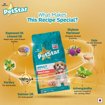 Petstar Adult Dry Dog Food 1 kg, Duck & Oats, High Protein, Easy Digestion, Immunity Support, No Artificial Flavours or Added Sugar