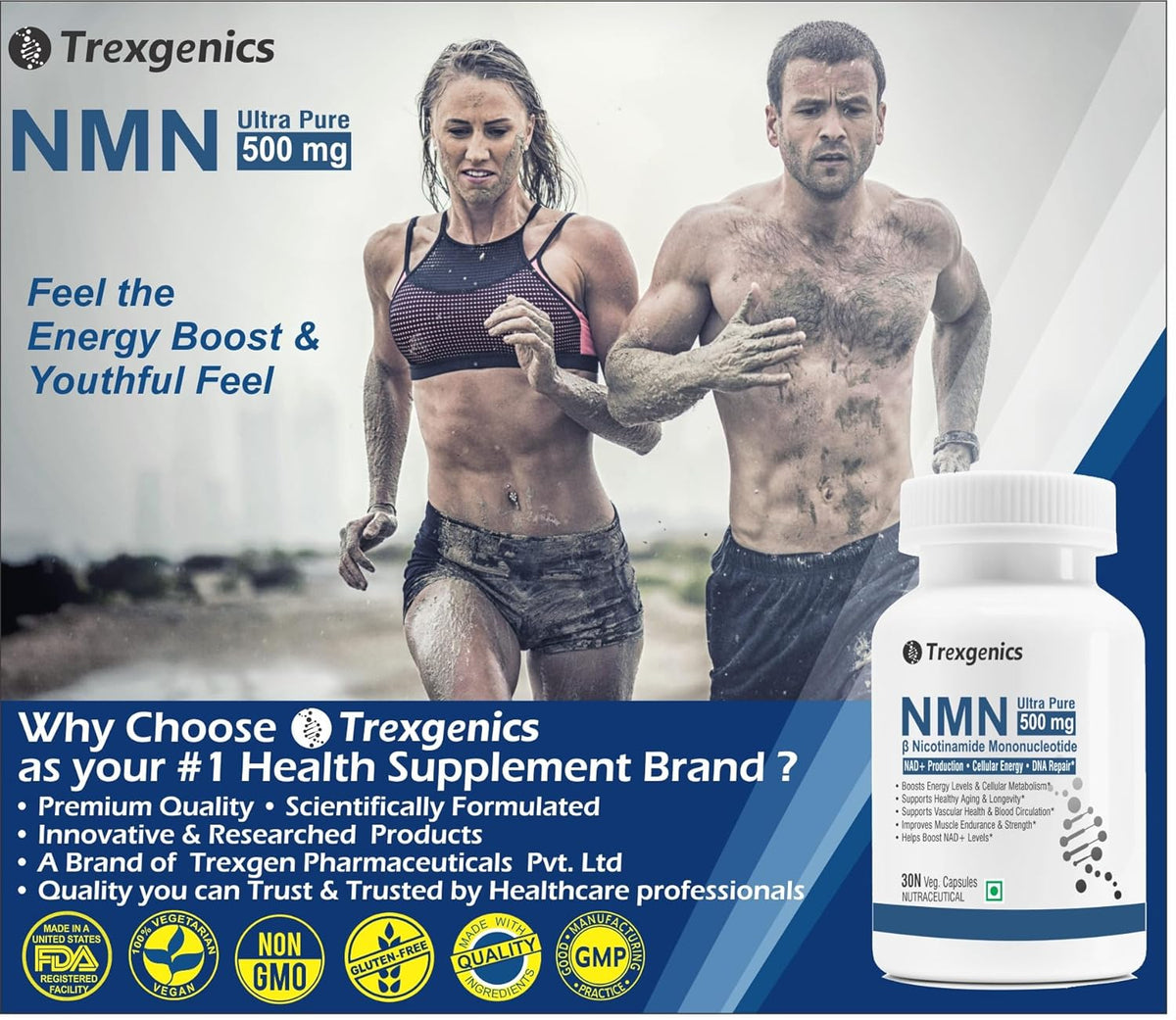 Advertisement for Trexgenics NMN supplement with two people running and product packaging.