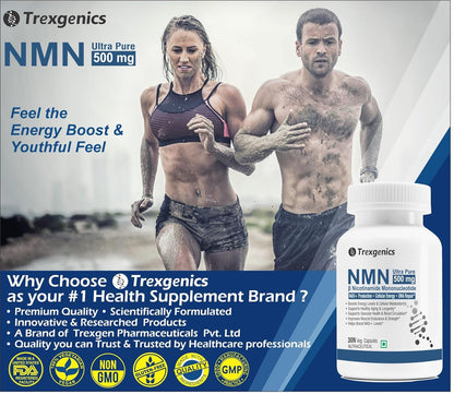 Advertisement for Trexgenics NMN supplement with two people running and product packaging.