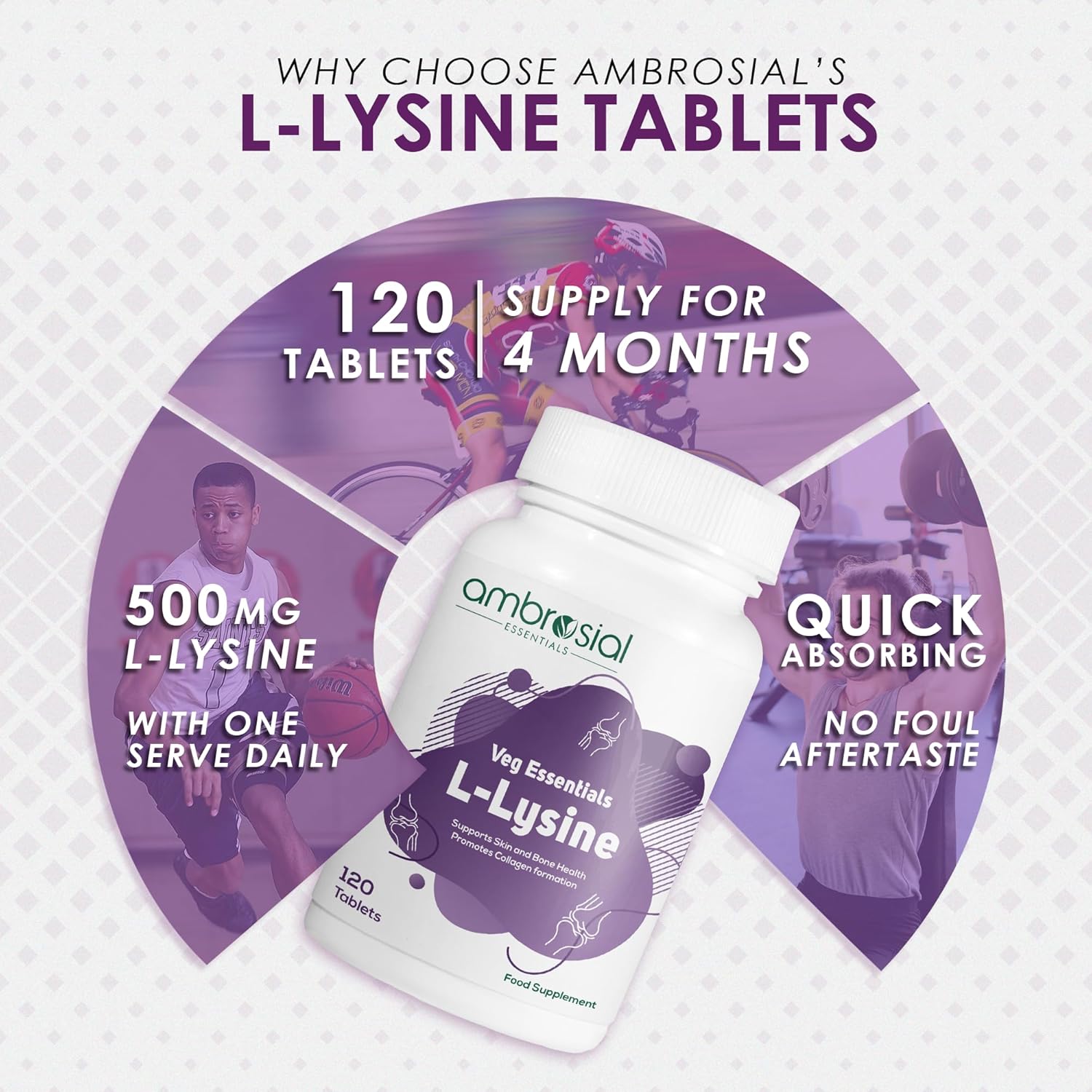 Ambrosial L-Lysine Tablets packaging with product details on a light purple background