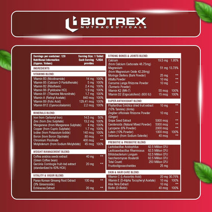 Biotrex Nutraceuticals Multivitamin With Probiotics For Women | Combination of 43 Ingredients | Enhances Energy & Strong Immune Function | Antioxidant | Hair, Skin & Nails | Purity Tested - 120 Tablets