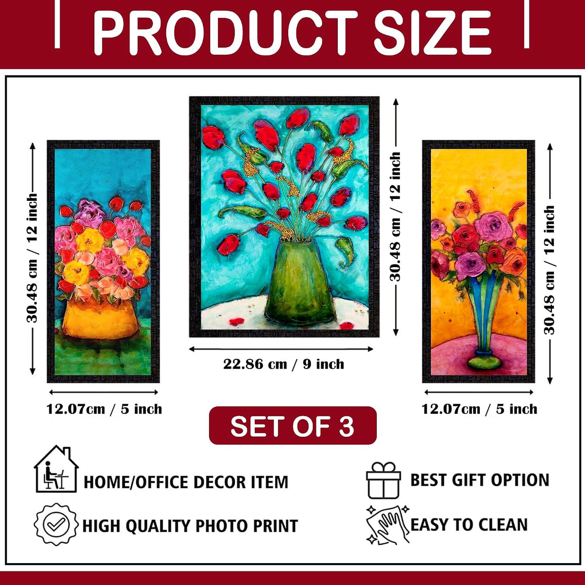 Wall Painting Frames For decor, Pictures Frame For Living Room, Home Decoration, Bedroom, Set of 3, 1pc- 23 x 30 cm, 2pc- 12.5 x 30 cm (Design 16)