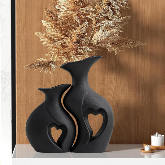 THE SACRED GIFTS Heart Shape Ceramic Vase | Modern Boho Hollow Flower Vases | Nordic Aesthetic Decor | Decorative Vases for Room | Home Book Shelf | Table Decor (Set of 2) (Black)