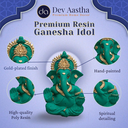 Lord Ganesha Idol for Car Dashboard, Home Decor & Pooja | Resin Gold Plated Ganpati Murti | 3.5 Inch Ganesh Statue for Gift, Diwali, Housewarming, Baby Shower, Mandir Decor, Mint Green, P-1