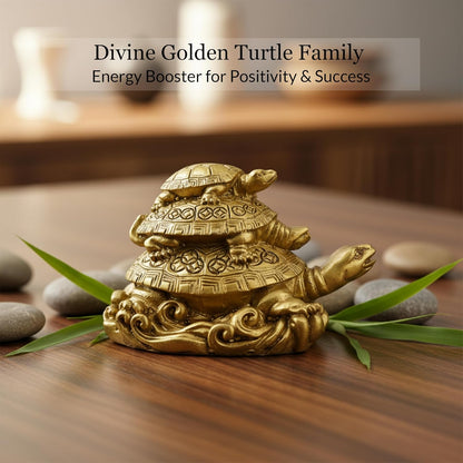 Triple Tortoise Turtle Family | Golden Feng Shui Tortoise for Good Luck | Metal Turtle Vastu Showpiece for Wealth, Health & Prosperity | Lucky Turtle Gift Item for Home & Office Decor