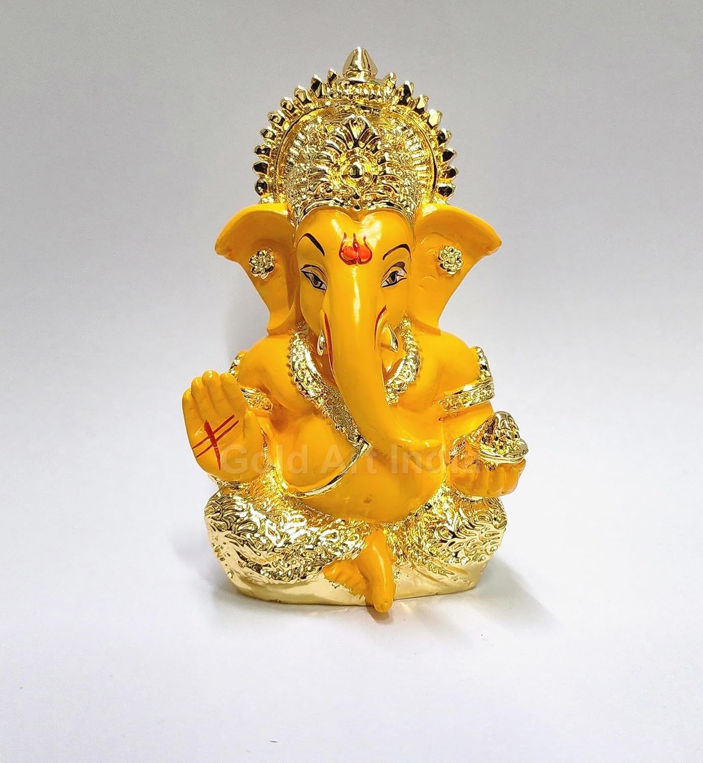 Gold Art India Gold Plated Ganesha with Mango Terracotta Work - 3.5 Inch Height for Home Decor/Office Desk/Car Dashboard (MukutMangoGold)
