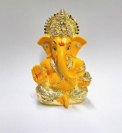 Gold Art India Gold Plated Ganesha with Mango Terracotta Work - 3.5 Inch Height for Home Decor/Office Desk/Car Dashboard (MukutMangoGold)
