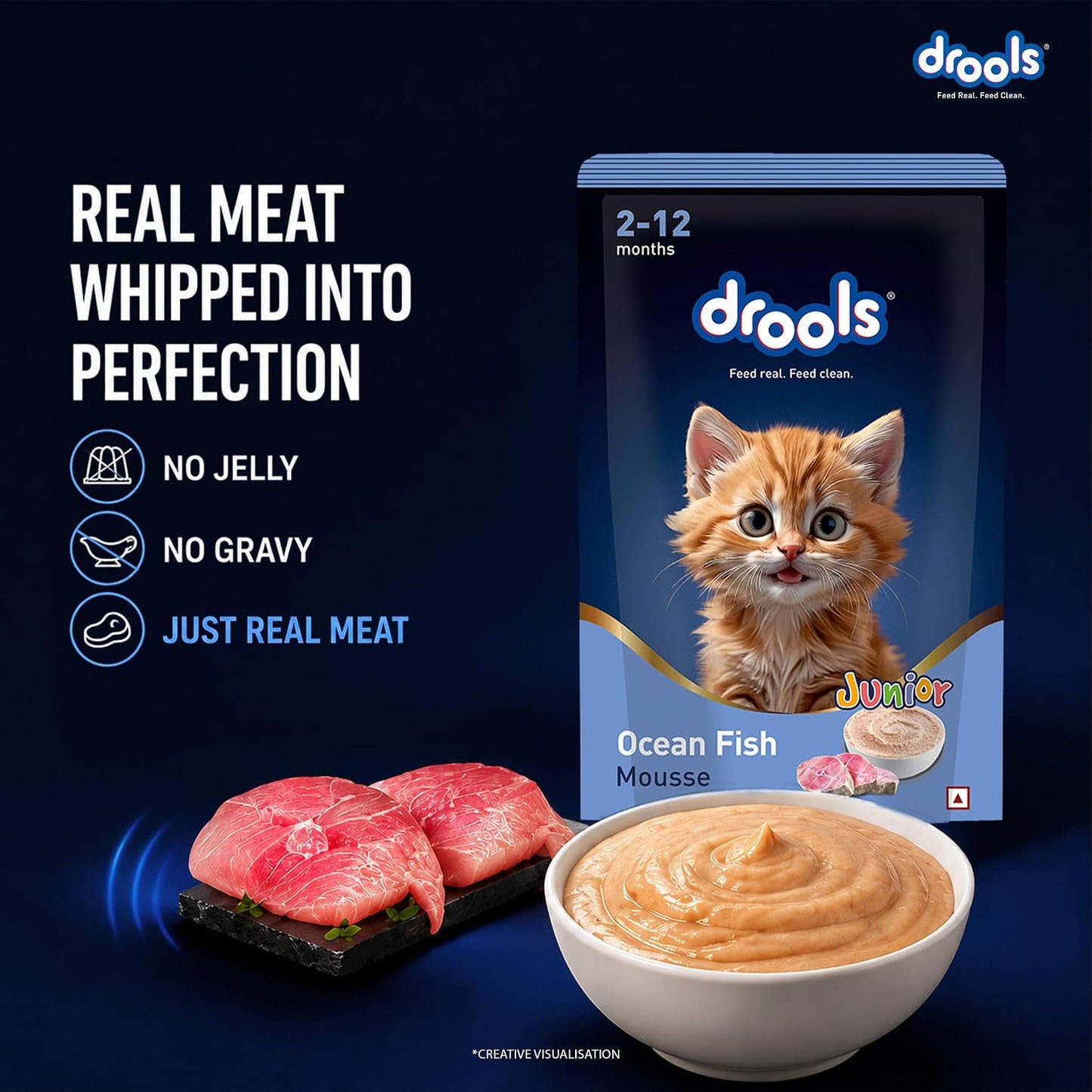 Drools Kitten Wet Mousse 80g | Ocean Fish | High Protein | Promotes Hydration & Easy Digestion | Grain Free | No Artificial Additives | Enriched with Vitamins & Antioxidants