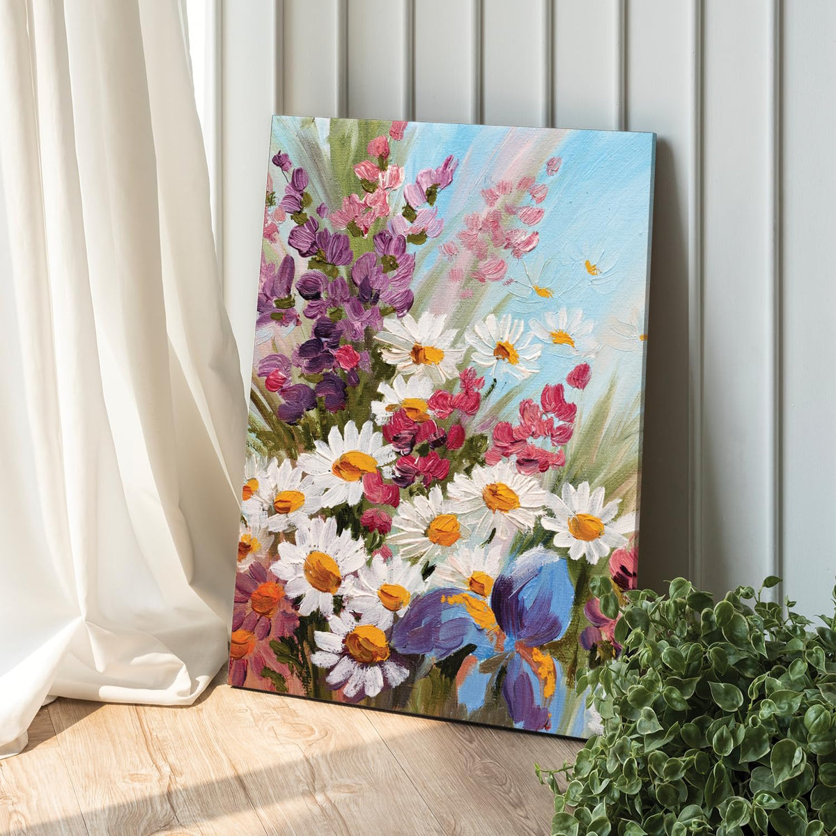 White Sunflowers Floral Canvas Wall Art Painting for wall decoration, Multicolour MultiFlowers Stretched Canvas Painting for living room, bedroom, Home and Office, 16x22 Inch