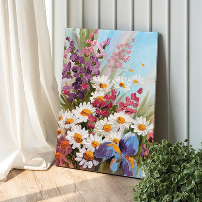 White Sunflowers Floral Canvas Wall Art Painting for wall decoration, Multicolour MultiFlowers Stretched big size Painting for living room, bedroom, Home and Office, 22x34 Inch