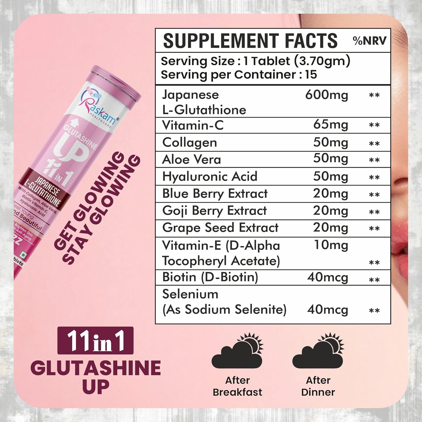 Supplement facts label for a product with various ingredients on a pink background