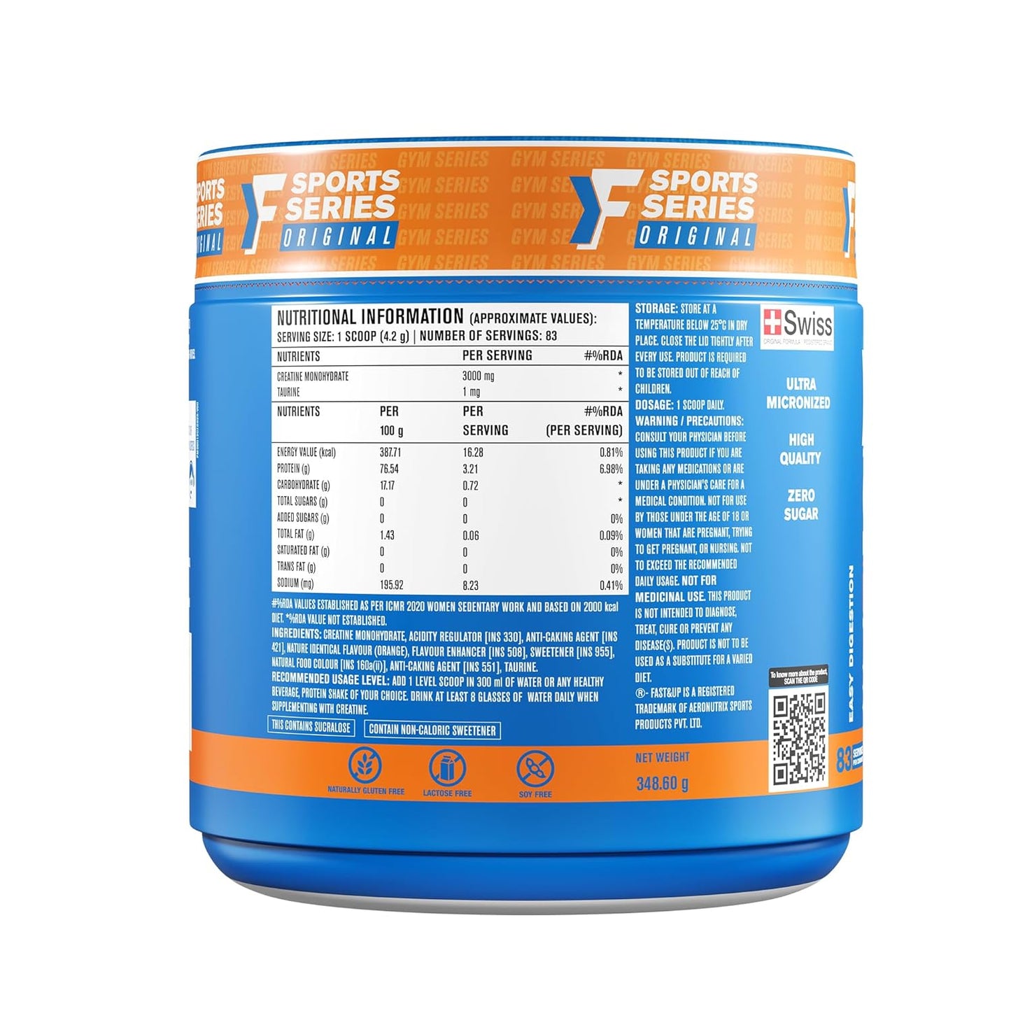 Fast&Up Creatine Monohydrate Powder | 100% Pure Micronized Creatine Supplement for Muscle Growth, Strength & Recovery | Unflavoured Creatine Powder, 250g (83 Servings)