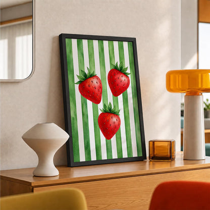 Strawberry Wall Art Framed Painting for Home Decor, Fruit Botanical Artwork Wall Decor for Living Room Bedroom Kitchen Dining Room, Green Retro Aesthetic Room Decoration (DGN06-Black10x13 inch)