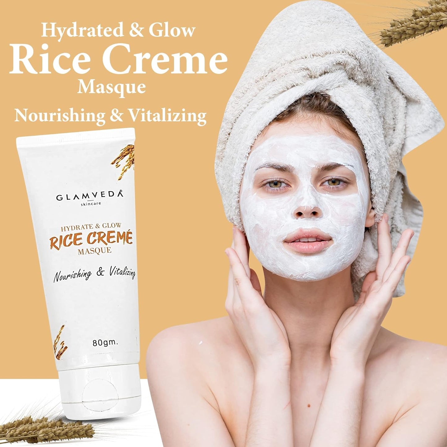Glamveda Rice Water Cream Mask for Hydration & Glow | Face Pack for Dull, Dry & Sensitive Skin | Face Masque | Suitable for Men & Women | Paraben & SLS Free | 80 g