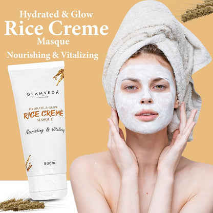 Glamveda Rice Water Cream Mask for Hydration & Glow | Face Pack for Dull, Dry & Sensitive Skin | Face Masque | Suitable for Men & Women | Paraben & SLS Free | 80 g