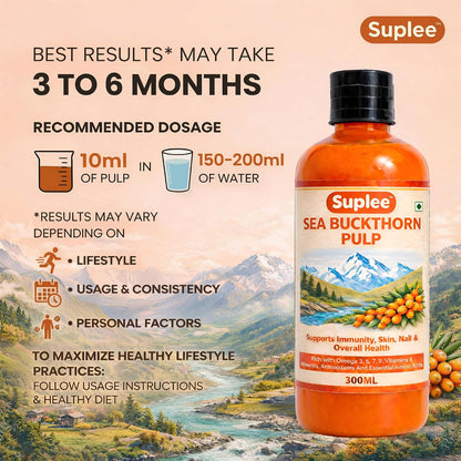 Suplee 99.9% Pure Himalayan Sea Buckthorn Pulp 300ml | Original & Natural Seabuckthorn Pulp Concentrate Rich in Omega 3, 6, 7 & 9 | Sugar Free Immunity Booster & Antioxidant Supplement for Radiant Skin, Hair & Overall Health | 300ml