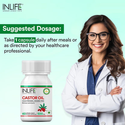 INLIFE Castor Oil Supplement for Hair and Skin, Natural Laxative, Quick Release, 500mg – 60 Liquid Filled Vegetarian Capsules (Pack of 1, 60)
