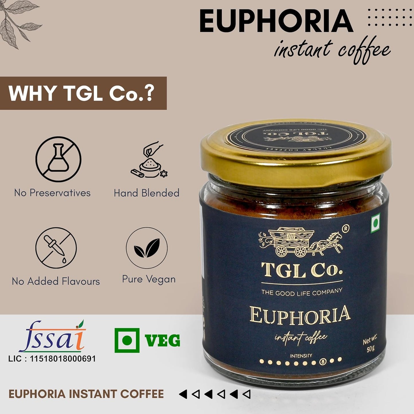 TGL Co. The Good Life Company Euphoria Instant Coffee Powder 50 Gm Jar| Anti Oxidant | Boost Energy | No Artificial Flavour