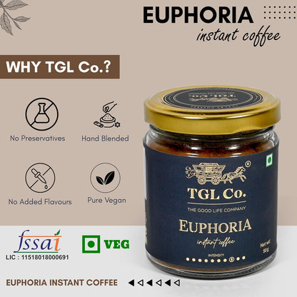 TGL Co. The Good Life Company Euphoria Instant Coffee Powder 50 Gm Jar| Anti Oxidant | Boost Energy | No Artificial Flavour