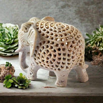 Shopstone Elephant Figurines Handmade in Jali Or Openwork from A Single Block of Stone from India, White, 3 inch