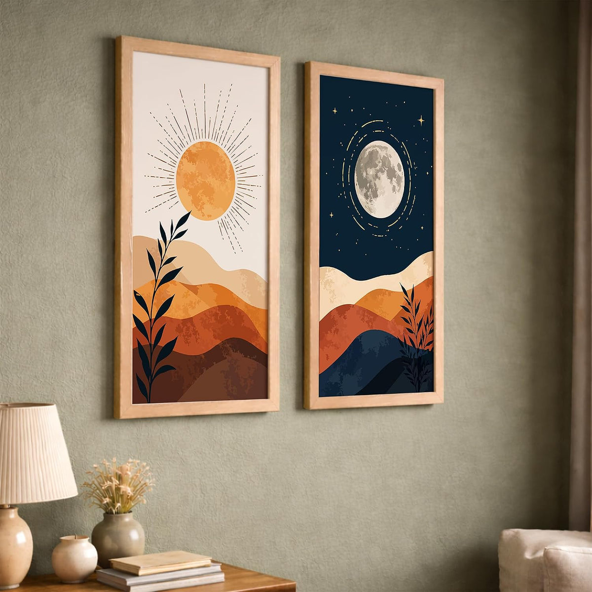 Minimalist Sun Moon Wall Art Set of 2 Framed Mountain Landscape Prints, Boho Neutral Scandinavian Decor, Wooden Frames, 10x19 Inch (Art-13)