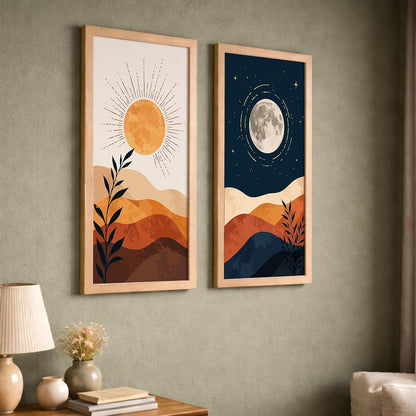 Minimalist Sun Moon Wall Art Set of 2 Framed Mountain Landscape Prints, Boho Neutral Scandinavian Decor, Wooden Frames, 10x19 Inch (Art-13)
