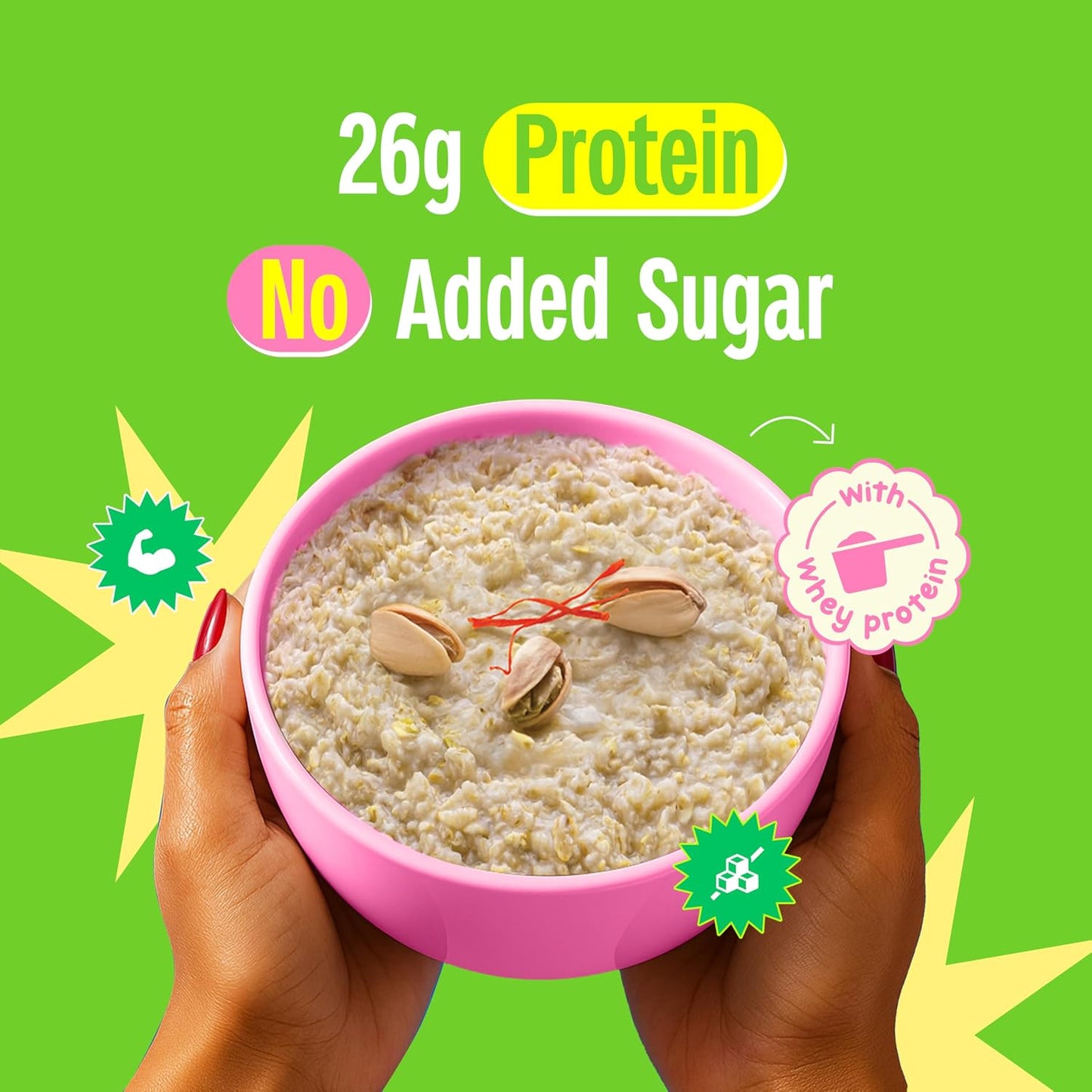Yogabar 26g High Protein Oats 1kg , Kesar Pista Kulfi - Breakfast Cereal with Wholegrains, 26% Protein & No added sugar - Oats High Protein for Gym- Premium Protein Blend with Whey Protein Powder - with Goodness of Chia, Sunflower & Pumpkin Seeds