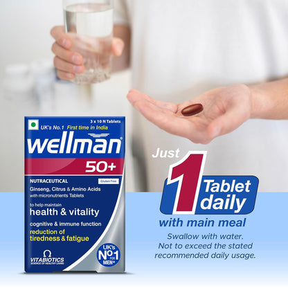 Wellman 50+ Multivitamin Tablets for Men Aged 50+ | Ginseng, Citrus & Amino Acids | Support Health & Vitality | Boost Cognitive & Immune Function | Reduce Tiredness & Fatigue | 30 Veg Tablets