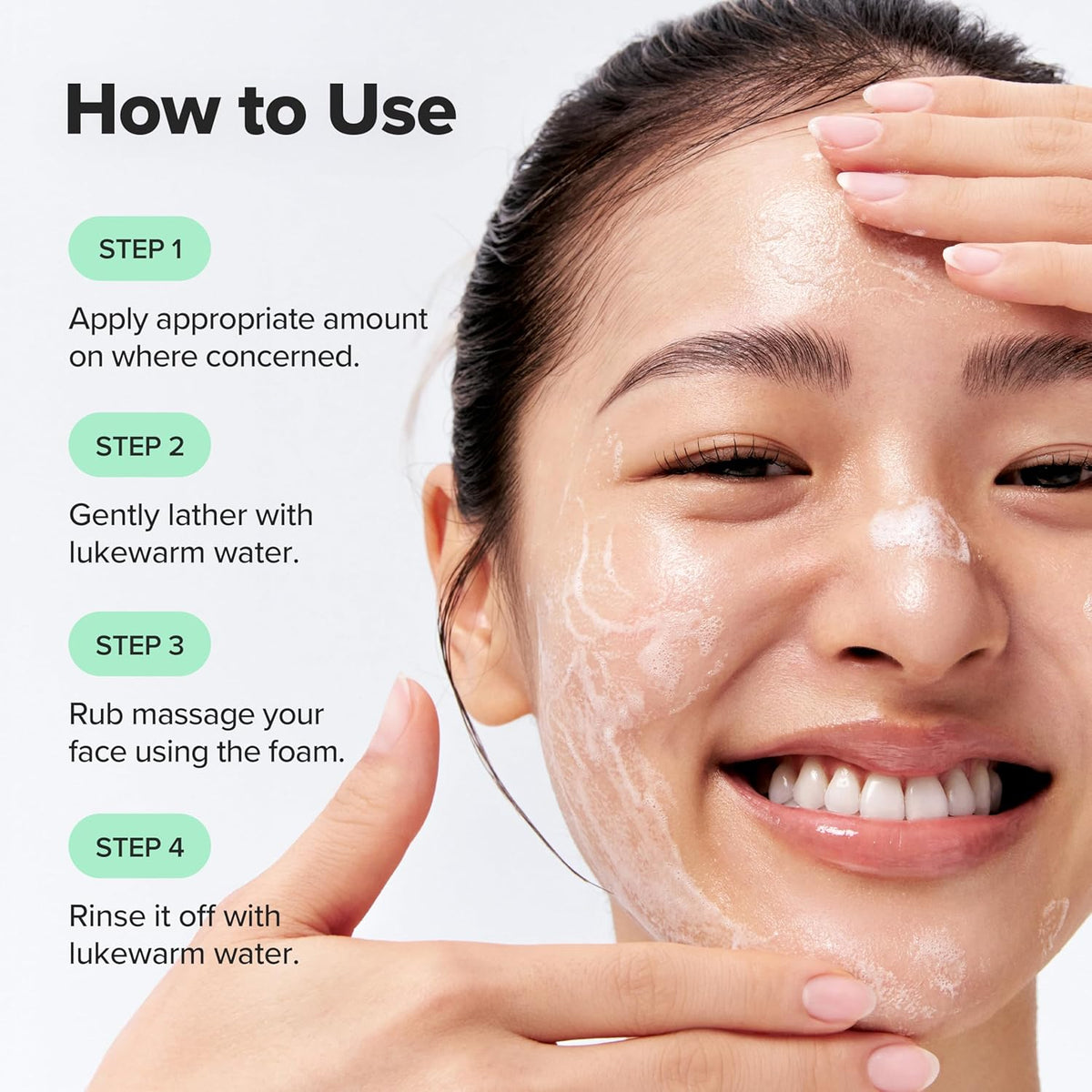 Woman applying skincare product with text on how to use it