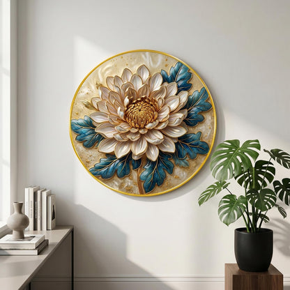 Luxury Floral Round Wall Painting White Gold Flower Art with Blue Leaves PVC Golden Frame Modern Wall Decor for Living Room Bedroom Office Home Decoration (20 x 20 Inch) GRL-394