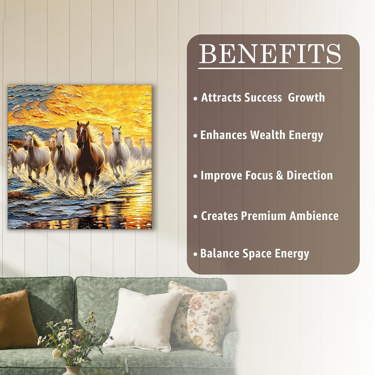 9 Running Horses Wall Art Painting For Living Room | Nine Horse Vastu Stretched Canvas Painting for Wall Decoration Items For Bedroom and Home, 16x22 Inch