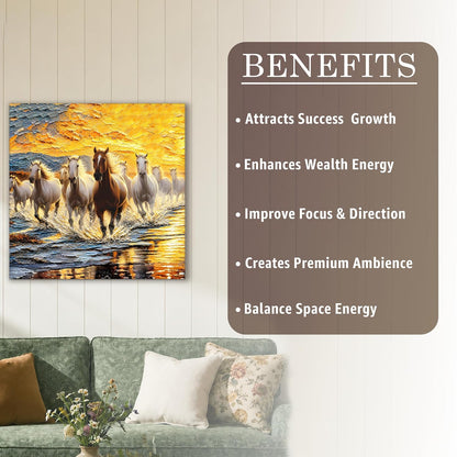 9 Running Horses Wall Art Painting For Living Room | Nine Horse Vastu Stretched Canvas Painting for Wall Decoration Items For Bedroom and Home, 16x22 Inch